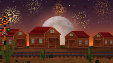 Celebration fireworks with countryside background illustrationのイラスト素材
