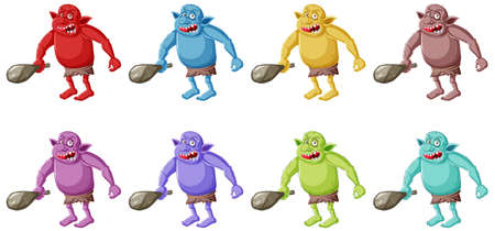 Set of colorful goblin or troll holding hunting tool in cartoon character isolated illustration