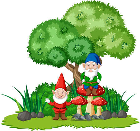 Gnome standing on mushroom in the gardenon white background illustrationのイラスト素材