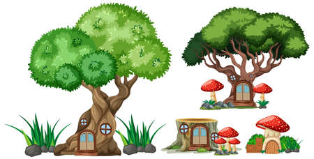 Set of isolated tree and stump houses cartoon style on white background illustrationのイラスト素材
