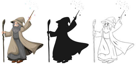 Old wizard with magic wand in color and outline and silhouette cartoon character isolated on white background illustrationのイラスト素材
