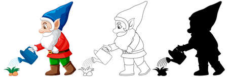 Gnome watering plant in color and outline and silhouette in cartoon character on white background illustrationのイラスト素材