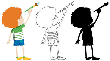 Boy holding paintbrush with its outline and silhouette illustrationのイラスト素材