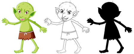 Goblin or troll in color and outline and silhouette in cartoon character on white background illustrationのイラスト素材
