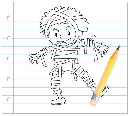 Hand drawing of boy in mummy costume outline illustrationのイラスト素材