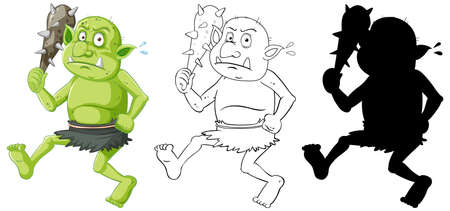 Goblin or troll holding hunting tool in color and outline and silhouette in cartoon character on white background illustrationのイラスト素材