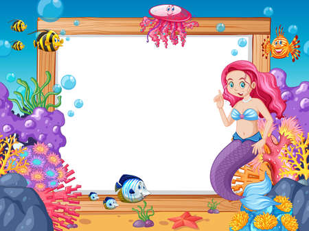 Mermaid and sea animal theme with blank banner cartoon style on white background illustrationのイラスト素材
