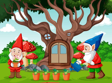 Gnomes and tree house cartoon style on garden background illustrationのイラスト素材