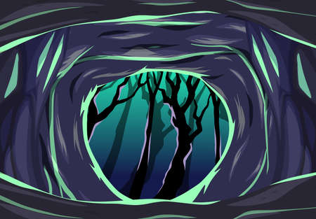 Dark cave with some dark tree cartoon style scene illustrationのイラスト素材