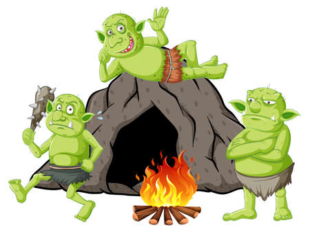 Goblins or trolls with cave house and camp fire in cartoon style isolated illustrationのイラスト素材