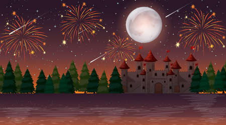 Celebration night over the castle illustrationのイラスト素材