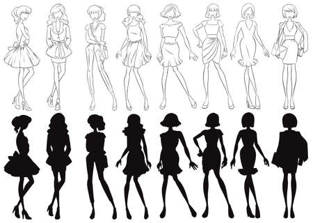 Set of female sketch and silhouette illustrationのイラスト素材
