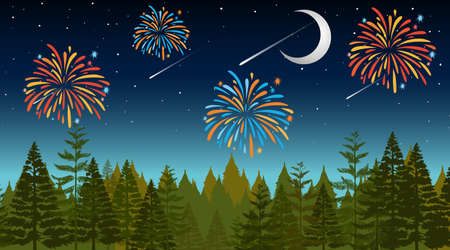 Forest with celebration fireworks scene illustrationのイラスト素材