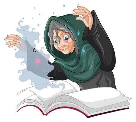 Old witch with spell and book cartoon style isolated on white background illustrationのイラスト素材