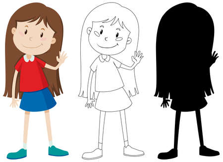 Cute long hair girl in colour and outline and silhouette illustrationのイラスト素材