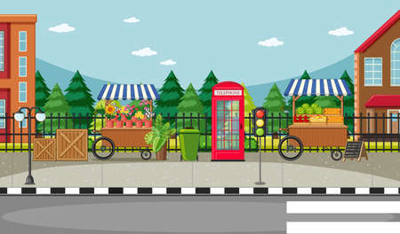 Street side scene with flower cart and fruit cart scene illustrationのイラスト素材