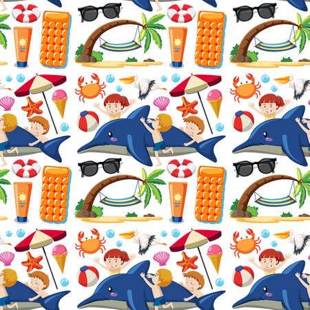 Seamless summer beach icon and kids cartoon style on white background illustration