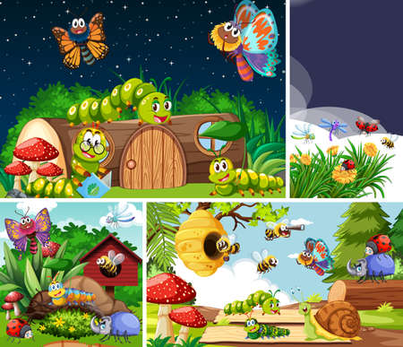 Set of different insects living in the garden background illustrationのイラスト素材