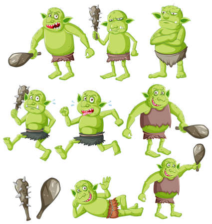 Set of goblin or troll with hunting tool isolated on whie background illustrationのイラスト素材