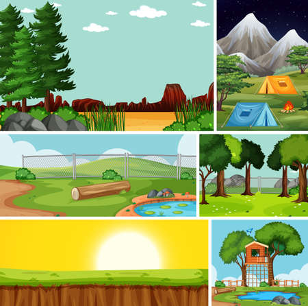 Four different scenes in nature setting cartoon style illustrationのイラスト素材