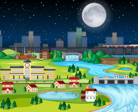 Theme night city park hometown with the moon landscape scene  illustrationのイラスト素材
