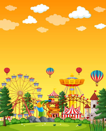 Amusement park scene at daytime with blank yellow sky illustrationのイラスト素材