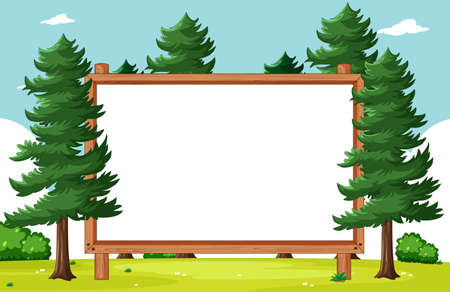 Blank wooden frame with pines in park scene illustrationのイラスト素材