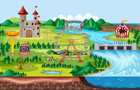 Amusement park with castle and many rides landscape scene illustrationの ...