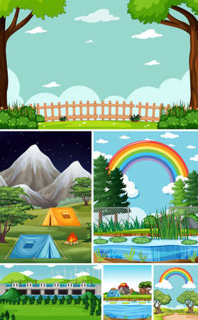 Six different scenes in nature setting cartoon style illustrationのイラスト素材
