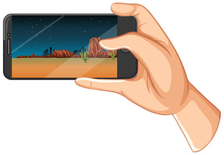 Hand holding a smart phone cartoon style isolated on white background illustrationのイラスト素材