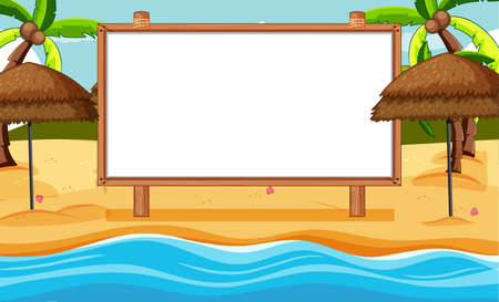 Blank wooden frame in beach scene illustrationのイラスト素材