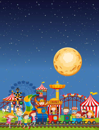 Amusement park scene at night with moon in the sky illustrationのイラスト素材