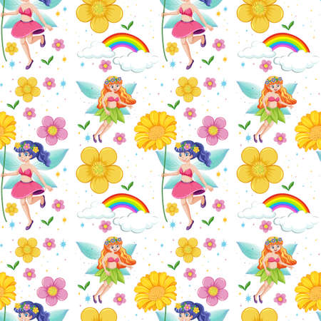 Seamless fairy tales with rainbow and flowers cartoon style on white background illustrationのイラスト素材