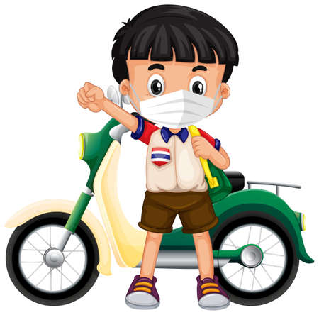 Thai boy wearing mask and motorcycle illustrationのイラスト素材