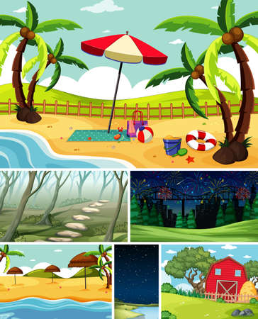 Six different scenes in nature setting cartoon style illustrationのイラスト素材