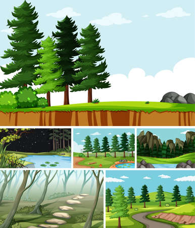 Six different scenes in nature setting cartoon style illustrationのイラスト素材
