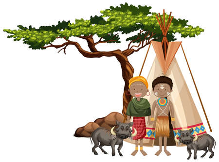 Ethnic people of African tribes and wild animal illustrationのイラスト素材