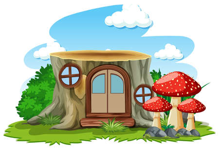 Stump house with mushroom in cartoon style on white background illustrationのイラスト素材