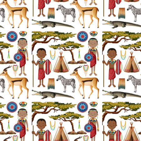 Ethnic people of African tribes seamless background illustrationのイラスト素材