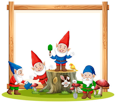 Gnomes group with blank banner on white background illustrationのイラスト素材