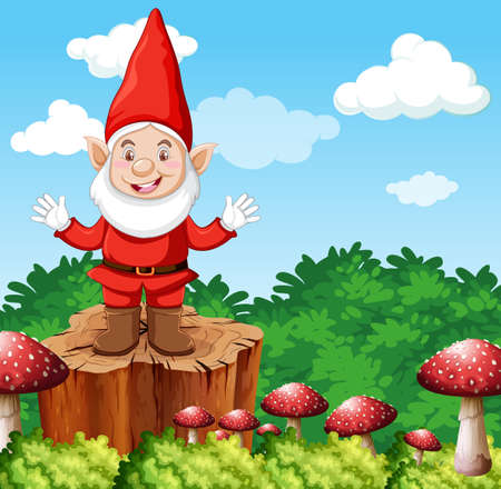 Gnome standing on stumpwith mushroom on garden background illustrationのイラスト素材