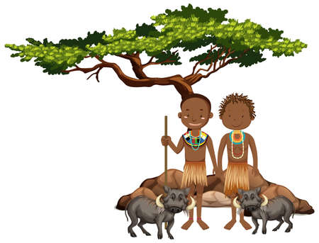 Ethnic people of African tribes and wild animal illustrationのイラスト素材
