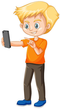 Boy in orange shirt using smart phone cartoon character isolated on white background illustrationのイラスト素材
