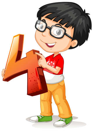 Nerdy boy wearing glasses holding math number four illustrationのイラスト素材