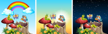 Three nature scenes with different times illustrationのイラスト素材