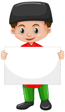 Cute young boy cartoon character holding blank banner illustrationのイラスト素材