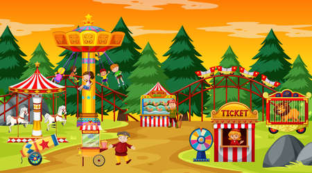 Amusement park scene at daytime with yellow sky illustrationのイラスト素材