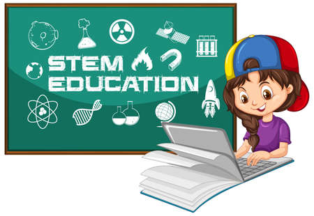 Girl searching on laptop with stem education text cartoon style isolated on white background illustrationのイラスト素材