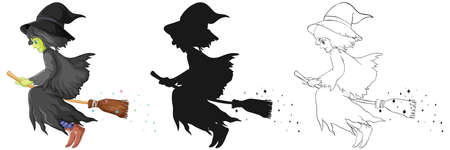 Witch with broomstick in color and outline and silhouette cartoon character isolated on white background illustrationのイラスト素材