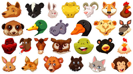 Set of different cute cartoon animals head huge isolated on white background illustrationのイラスト素材